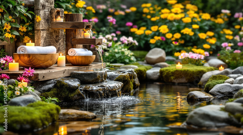 Relaxing spa stones and candles with flowers