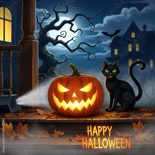 Halloween Night Scene with Pumpkin, Cat, and Haunted House.