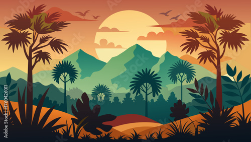 Vector art of beautiful jungle landscape with palm trees, mountains and sunset in the background