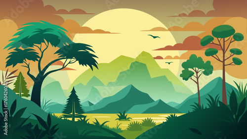 Vector art of beautiful nature landscape with trees, mountains and sunset in the background