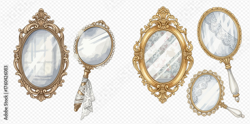 Collection of ornate vintage gold mirrors and handheld vanity mirrors with decorative frames and lace details.