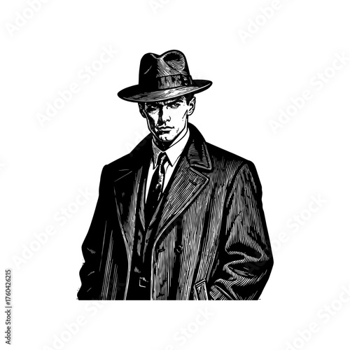 A gangster guy with fedora hat engraving icon flat vector design.