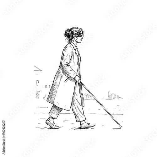 Blind woman walking with a white cane engraving icon flat vector design.