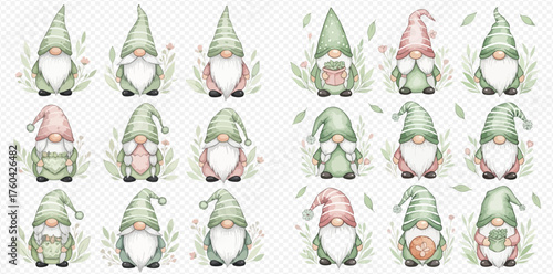 Collection of whimsical watercolor gnomes with green hats and pink accents surrounded by delicate foliage and flowers, perfect for spring or garden themes.