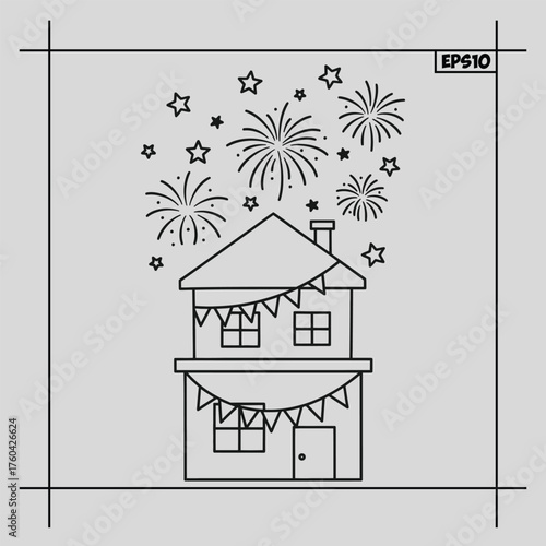 Simple line drawing of a house decorated for a celebration with fireworks