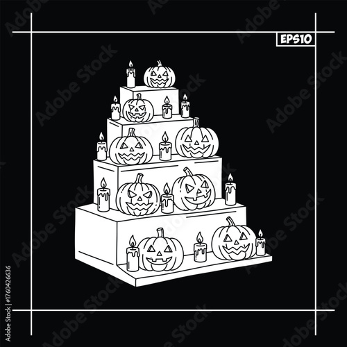 Tiered display of carved halloween pumpkins and lit candles in black and white line art