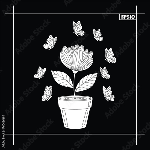 Line art drawing of a flower in a pot surrounded by butterflies