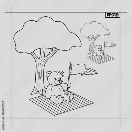 Cute teddy bear sitting under a tree holding a blank flag