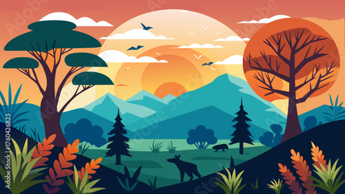Vector art of vibrant landscape with mountains, trees, and wildlife at sunset or sunrise