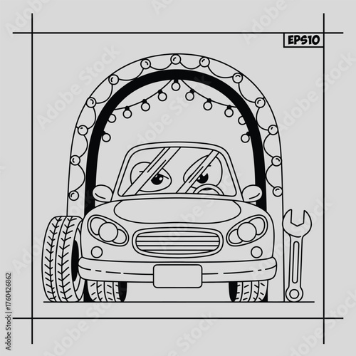 Cartoon car under archway with christmas lights and wrench