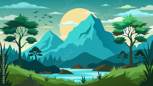 Vector art of peaceful mountain landscape with lake and trees at sunset illustration