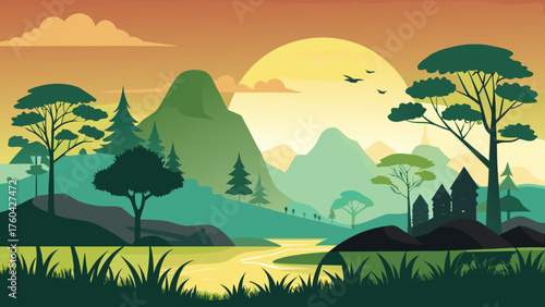 Vector art of beautiful scenery of mountain range with lake and trees at sunset time