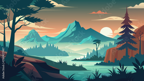 Vector art of beautiful scenery of mountain range with lake and trees in the morning
