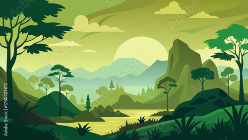 Vector art of beautiful landscape with mountains, trees, and a lake at sunset time