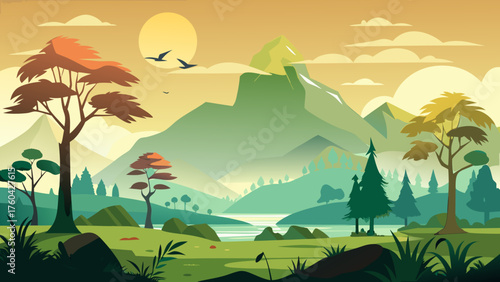 Vector art of beautiful mountain landscape with trees, birds, and a lake at sunset time