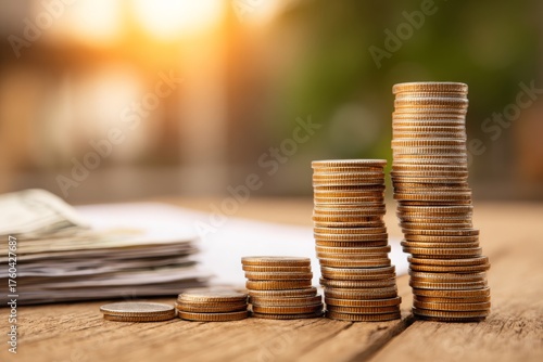 Neat stacks of coins on wood, representing steady financial growth, savings.