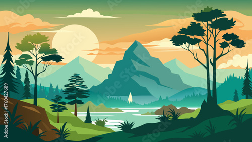 Vector art of scenic mountain landscape with trees, lake, and sunset in a serene setting