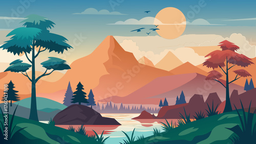 Vector art of picturesque landscape with mountains, trees, river, and birds in a serene setting