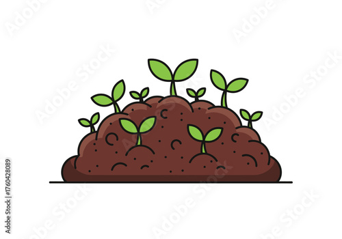 Cartoon Illustration of Growing Plants Emerging from Brown Soil.