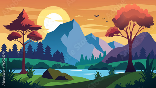 Vector art of scenic landscape illustration with mountains, trees, and lake at sunrise
