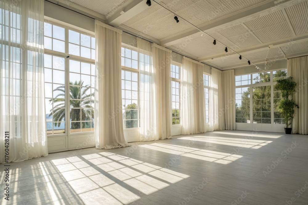 Fototapeta premium Bright and Airy Event Space With Large Windows and Ocean View