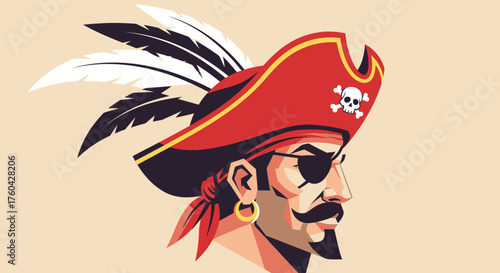 Colorful illustration of a pirate captain with eye patch wearing a feathered hat
