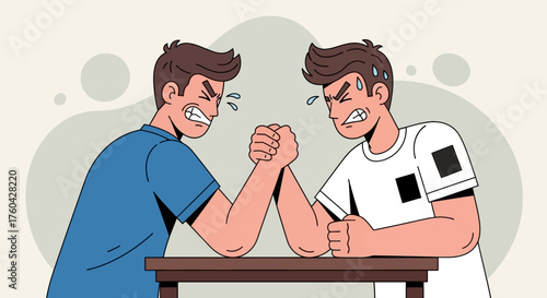 Cartoon illustration showcasing two men engaged in an intense arm wrestling match on table