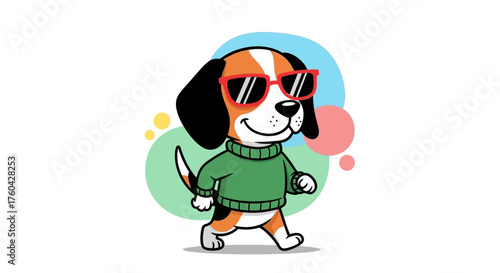 Cool beagle dog wearing sunglasses and green sweater on a walk having fun