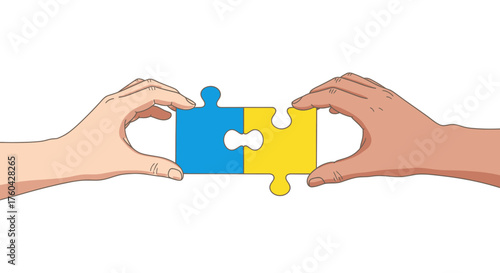 Conceptual teamwork image showcasing hands assembling a blue and yellow jigsaw puzzle representing
