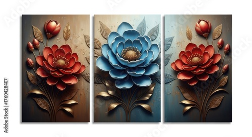 Textured triptych wall art featuring bold red and blue floral designs