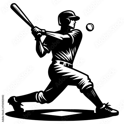 Baseball player, hitter swinging with bat, black vector icon with transparent background 