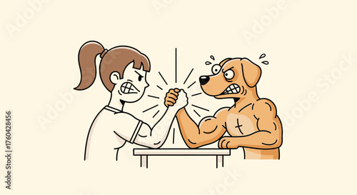 Humorous arm wrestling match between a determined woman and a muscular cartoon dog illustration
