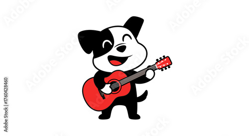 Playful puppy serenades with a red guitar illustration in a musical performance