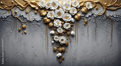 Intricate textured floral arrangement with gold accents on a distressed background