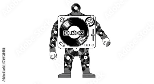 Surreal vinyl record humanoid with a turntable for a torso creating an edgy design