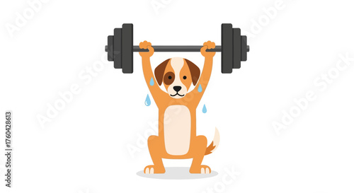 Determined cartoon dog lifting heavy barbell overhead during intense workout session