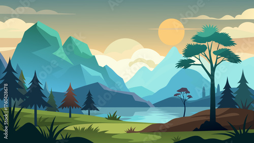 Vector art of beautiful landscape with mountains, trees, and a lake at sunset or sunrise