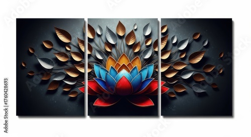 Abstract triptych artwork featuring a vibrant lotus flower with exploding petals