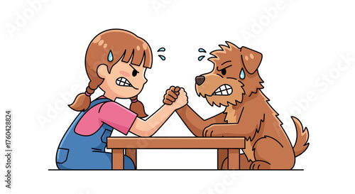 Intense arm wrestling match between determined girl and tough dog cartoon competition