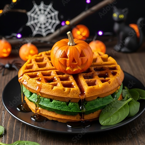 Halloween Waffle Stack with Pumpkin Topper and Spooky Decorations.