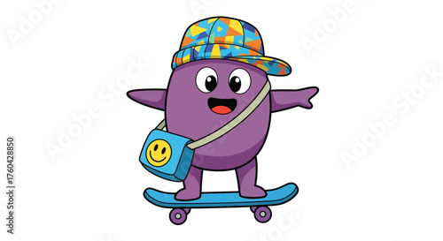Cartoon character skateboarding with hat and bag for kids educational materials