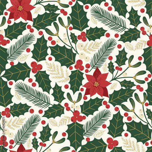 Christmas Botanical Pattern. Seamless Elegant Christmas Pattern with Holly, Mistletoe, and Pine Branches. Traditional Holiday Foliage Background for Design