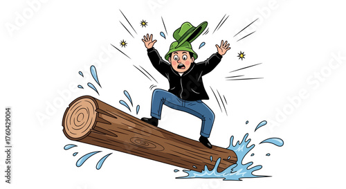 Cartoon character struggles to stay on a spinning log in a playful vector drawing