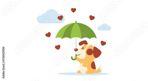 Adorable dog under an umbrella surrounded by hearts creating a heartwarming and cheerful atmosphere