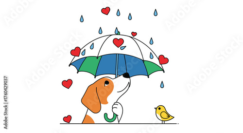 Adorable cartoon illustration of a beagle dog under an umbrella with hearts and raindrops