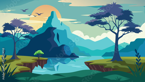 Vector art of tranquil mountain lake landscape illustration with birds flying at sunset