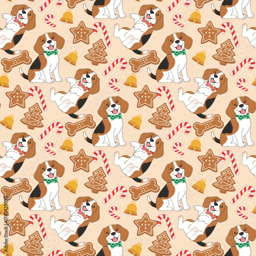 Christmas Dog Pattern Vector. Seamless Christmas Dog Pattern with Gingerbread Cookies and Candy. Festive seamless pattern Background.
