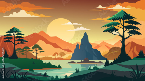 Vector art of beautiful landscape with mountains, trees, river and sun at sunset time