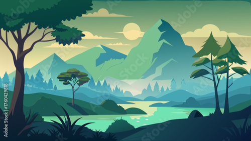 Vector art of scenic landscape with mountains, trees, and river in the morning time