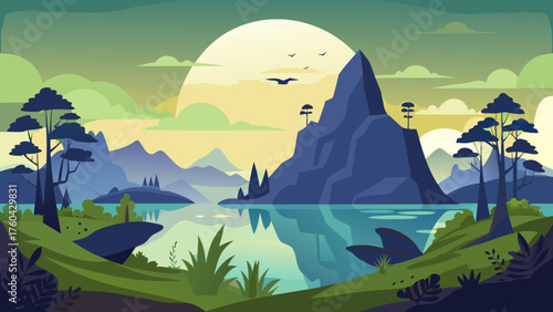 Vector art of scenic mountain landscape with a lake and trees in a flat vector style